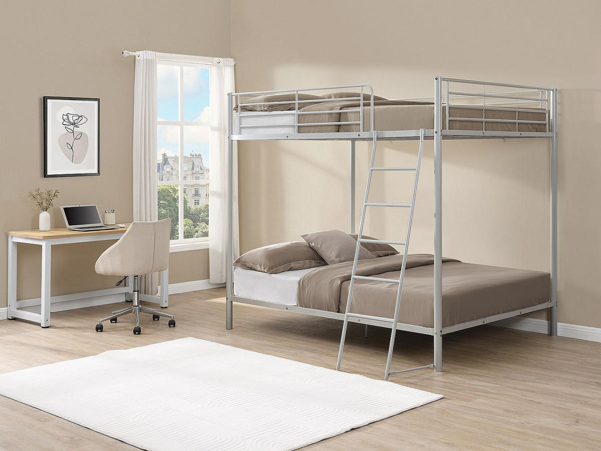 ETAGENBETT + Matratze - 2 x 140 x 190 cm - Silberfarben - GEMINI III - Silberfarben/Weiß, Metall (140/199cm) - Vente-Unique