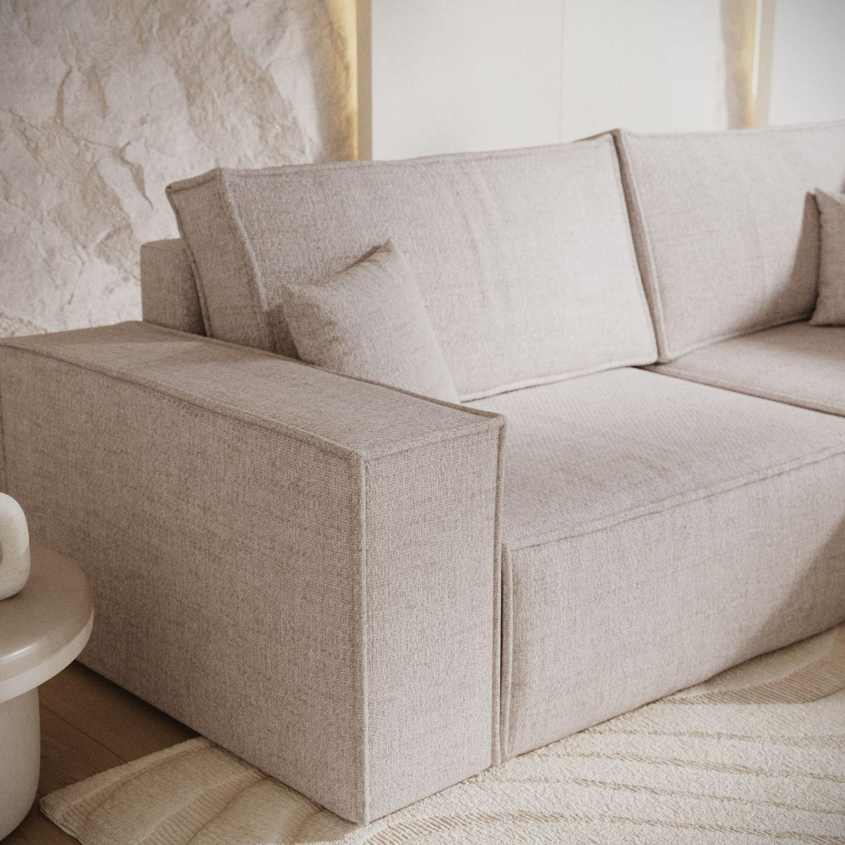 ECKSOFA AVION mit Schlaffunktion Hellbeige im Neve Stoff - Sandfarben/Schwarz, Holz/Holzwerkstoff (253/148cm) - AltaBeds