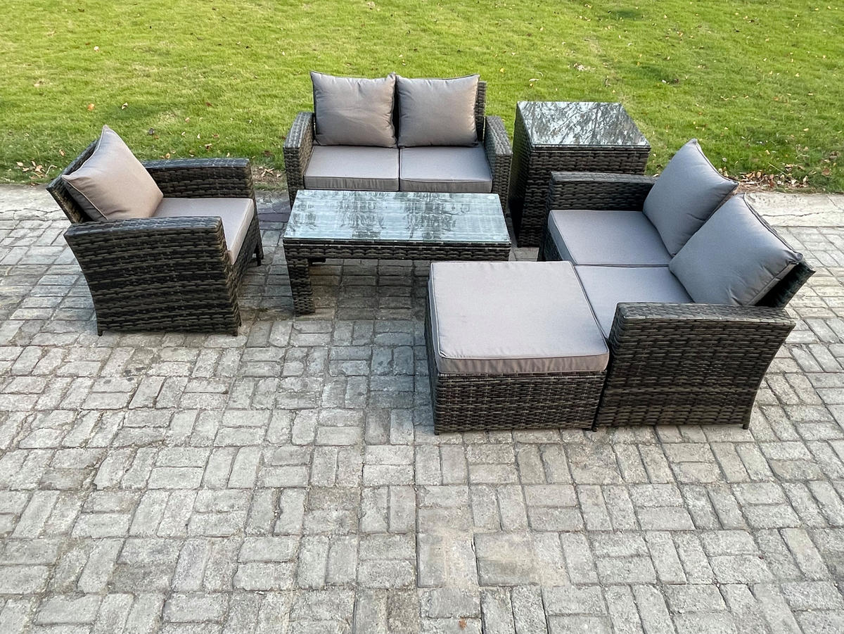 GARTENMÖBEL-SET MIT COUCHTISCH HOCKER BEISTELLTISCH Polyrattan Dunkelgrau Gemischt 8-Sitzer - Dunkelgrau, Metall - Fimous
