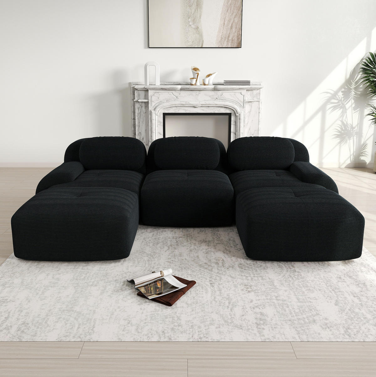 ECKSOFA modular rahmenlos Cord Black - Schwarz, Kunststoff (178/75/298.1cm) - Meubliv