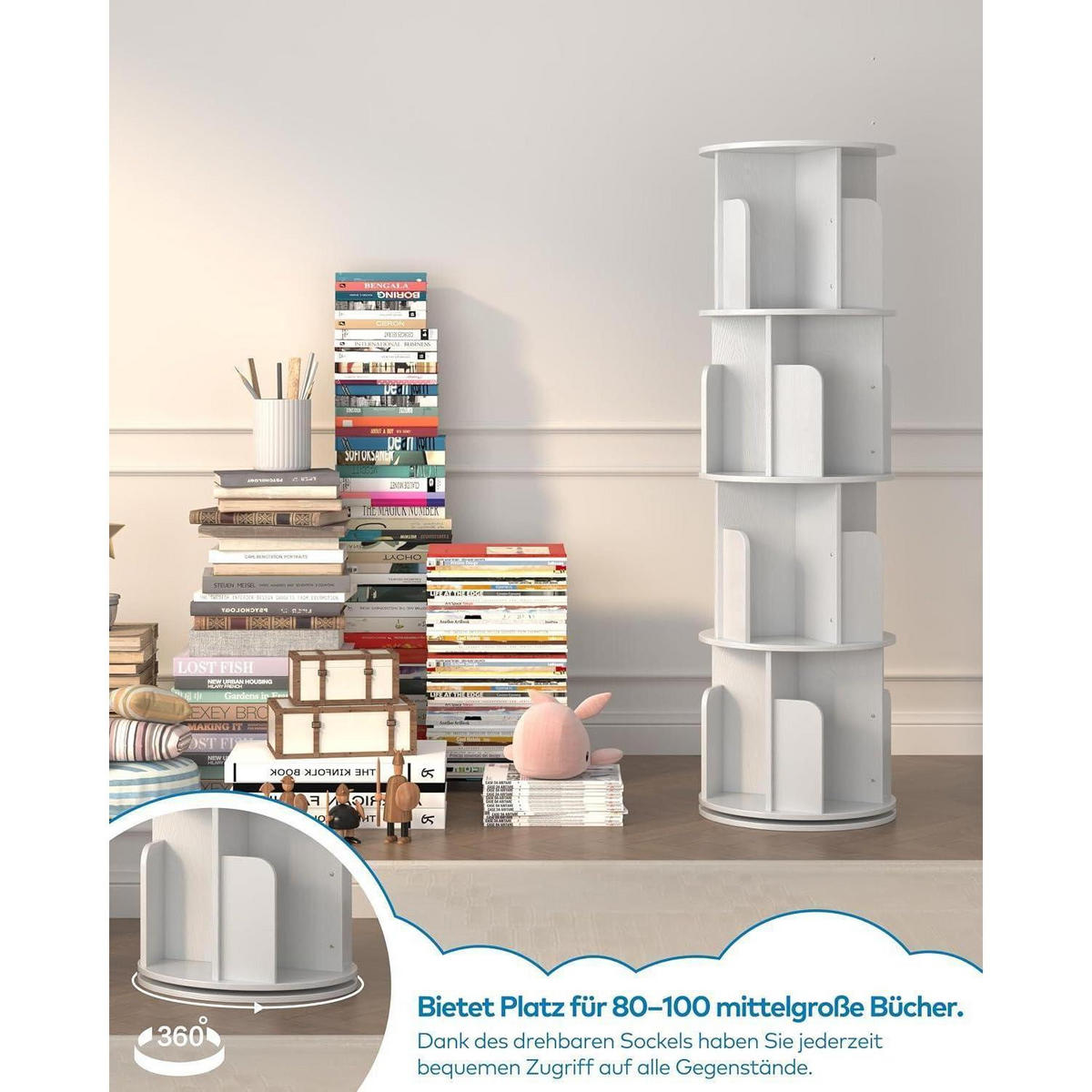 BÜCHERREGAL 360 Grad drehbar Weiß 4 Ebenen 40 x 136,2 cm - Weiß, Holzwerkstoff (40/136.2/40cm)