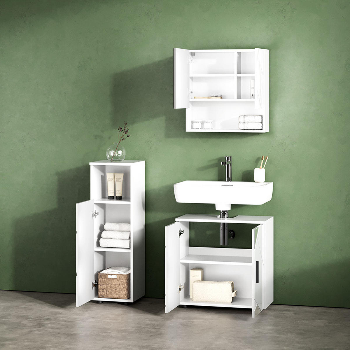 BADMÖBEL-SET Ronco Weiß Hochglanz mit Einsätzen 3 Teile - Weiß Hochglanz, Holzwerkstoff (60/60/59cm) - Livinity®