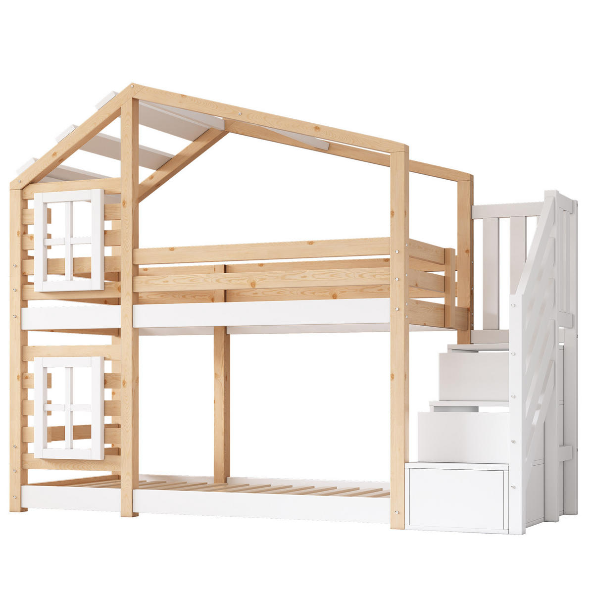 ETAGENBETT Baumhaus 90/200 cm mit Stauraum, Rausfallschutz und Treppenschrank - Naturfarben, Holzwerkstoff (90/200cm) - BEAOK