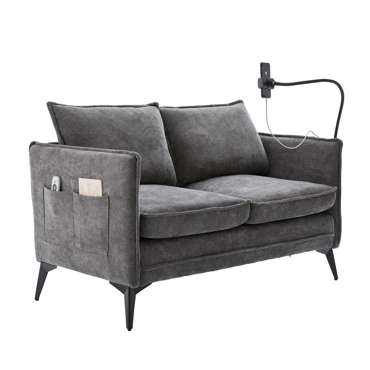 SOFA 2-Sitzer Grau Stoff mit Handy-Halterung & doppelten Ablagefächern 127/69/66 cm - Grau, Textil (127/66/69cm) - OKWISH