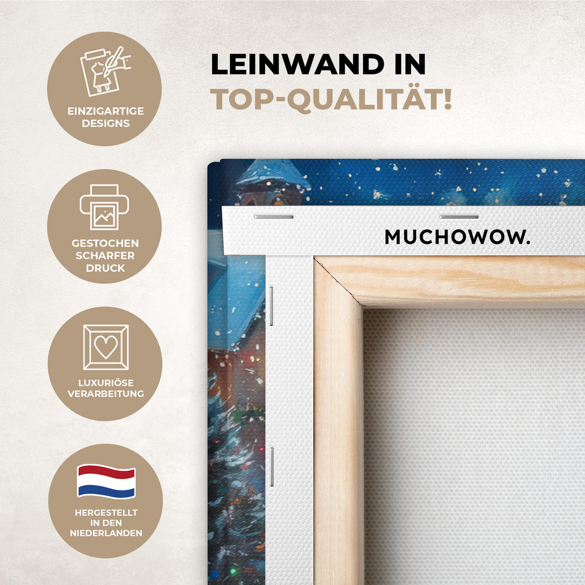 LEINWANDBILD Weihnachtsmann - Rentier - Weihnachten - Schnee Wanddeko 90x60 cm - Cognac, Textil (90/60cm) - MuchoWow