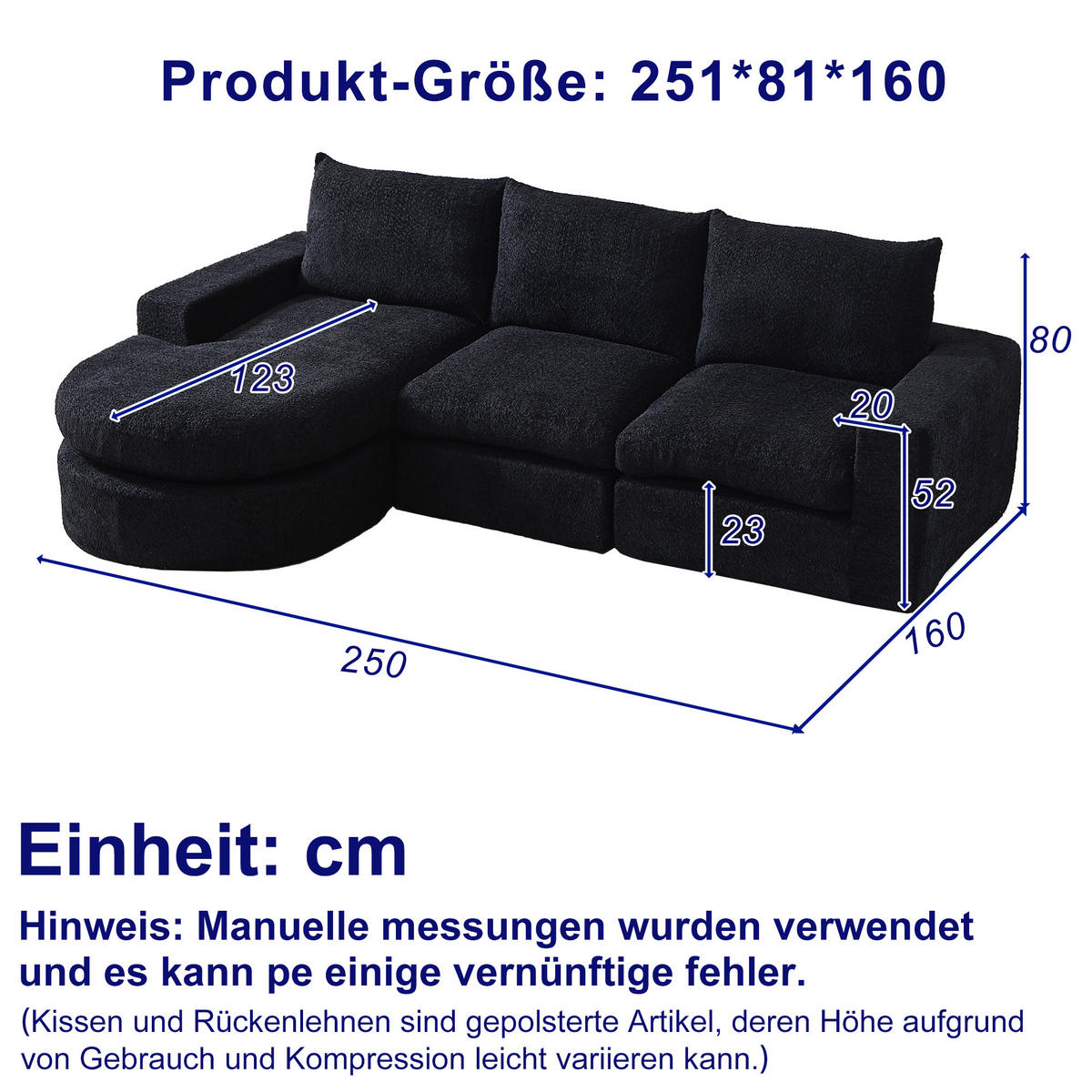 ECKSOFA Chenille L-Form mit Liegestuhl, DE-42754, Schwarz - Schwarz, Textil (250/160cm) - ComfortXL
