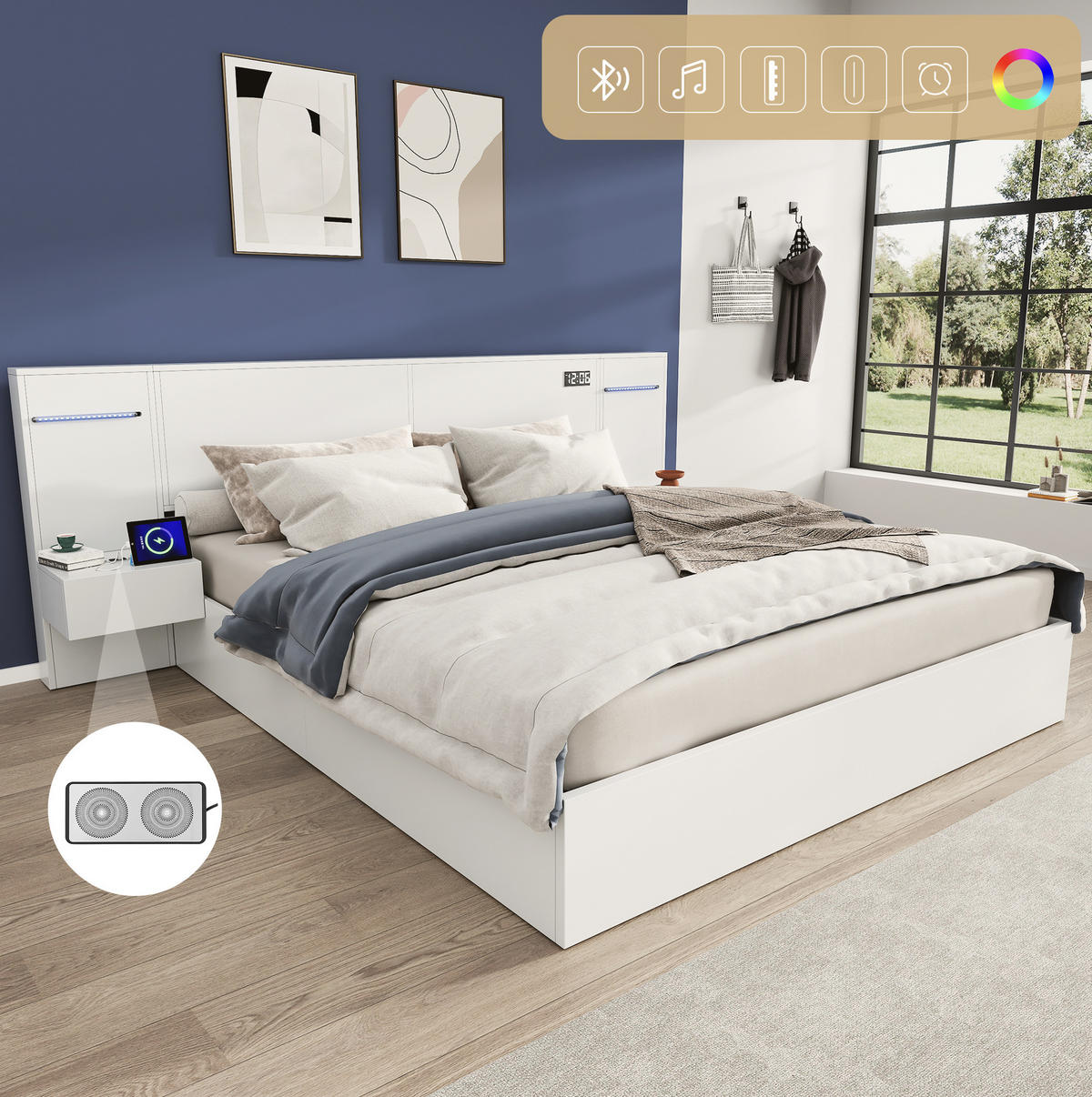 POLSTERBETT aus MDF 160x200 cm Weiß mit Bluetooth-Lautsprechern, USB-A/USB-C, LED-Lichtleiste und 2 Nachttischen - Weiß, Holzwerkstoff (160/200cm) - Modfu