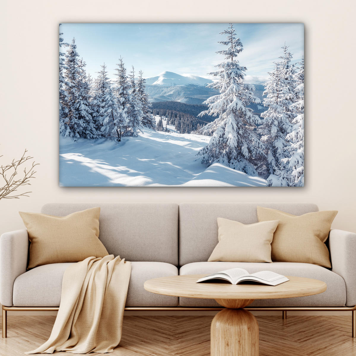 LEINWANDBILD Winterlandschaft - Natur - Berge - Bäume - Schnee Wohnzimmer Groß 120x80 cm - Hellblau, Textil (120/80cm) - MuchoWow