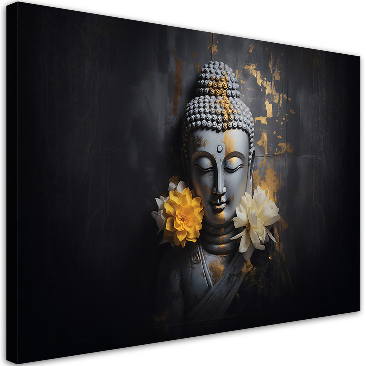 WANDBILD grauer buddha und blumen - Schwarz, Textil (60/40cm) - Feeby