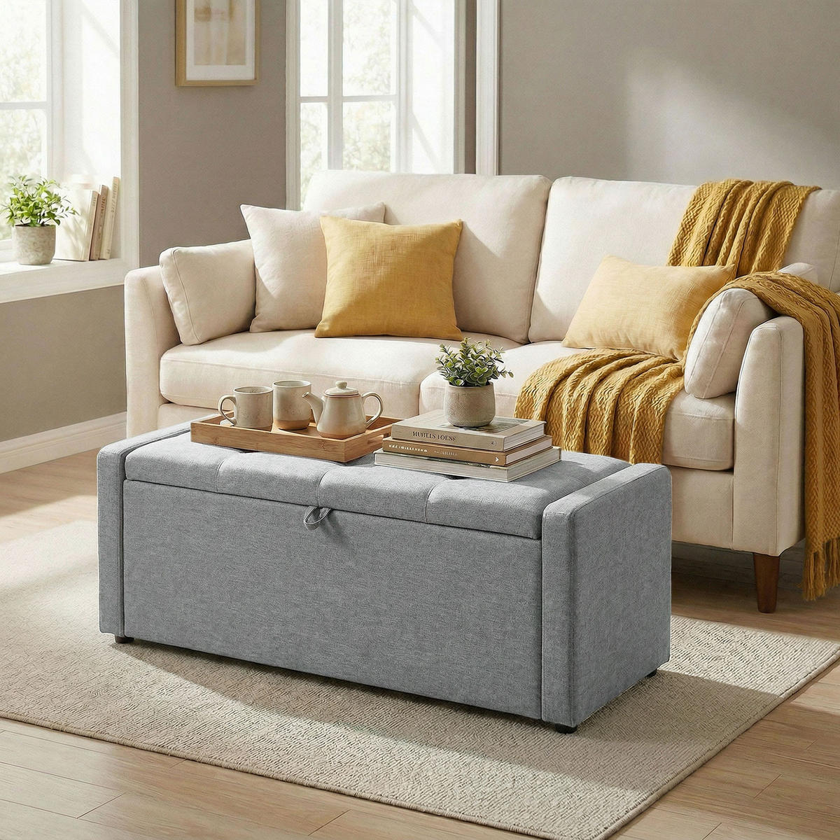 TRUHENBANK DE-16455 breit gepolstert mit Stauraum Hellgrau - Hellgrau, Textil (122/44/48cm) - ComfortXL