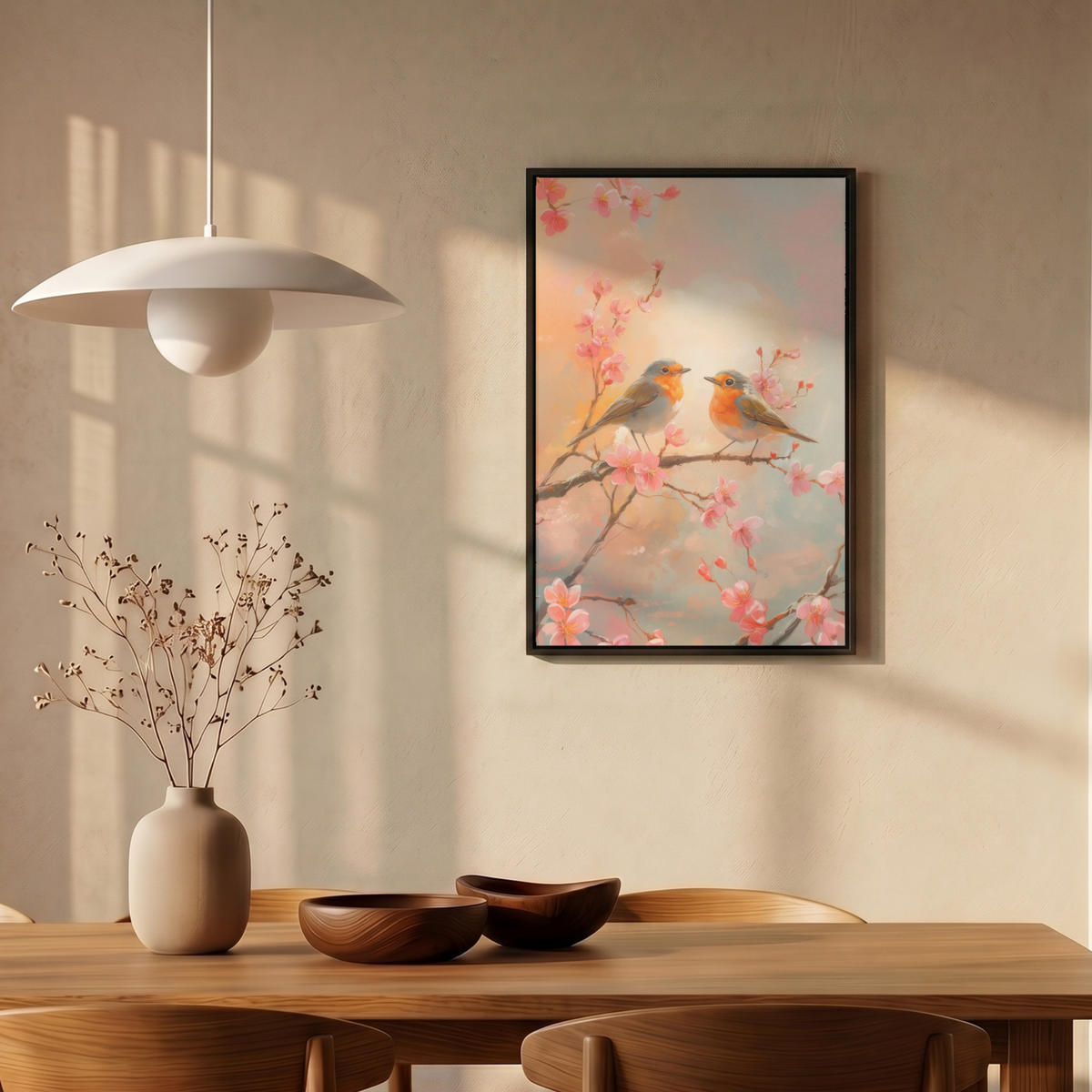 LEINWAND Bilder mit Rahmen - Rotkehlchen - Zierpflanze - Blütenzweig - 40x60 - Hellrosa, Textil (40/60cm) - MuchoWow