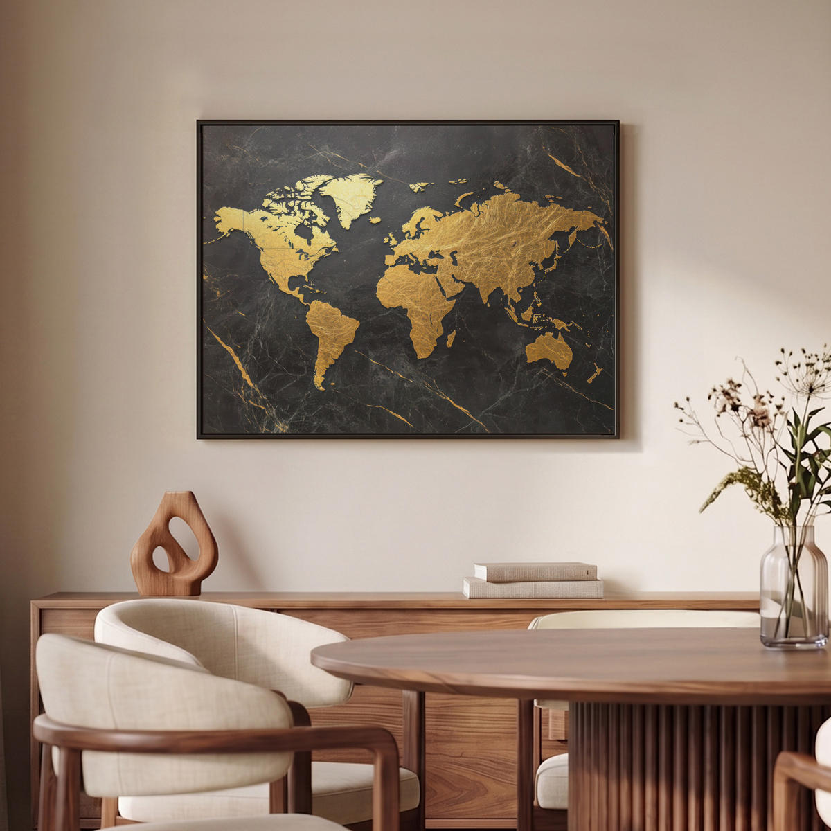 LEINWAND Bilder mit Rahmen - Weltkarte - Gold - Marmor - 70x50 - Goldfarben, Textil (70/50cm) - MuchoWow