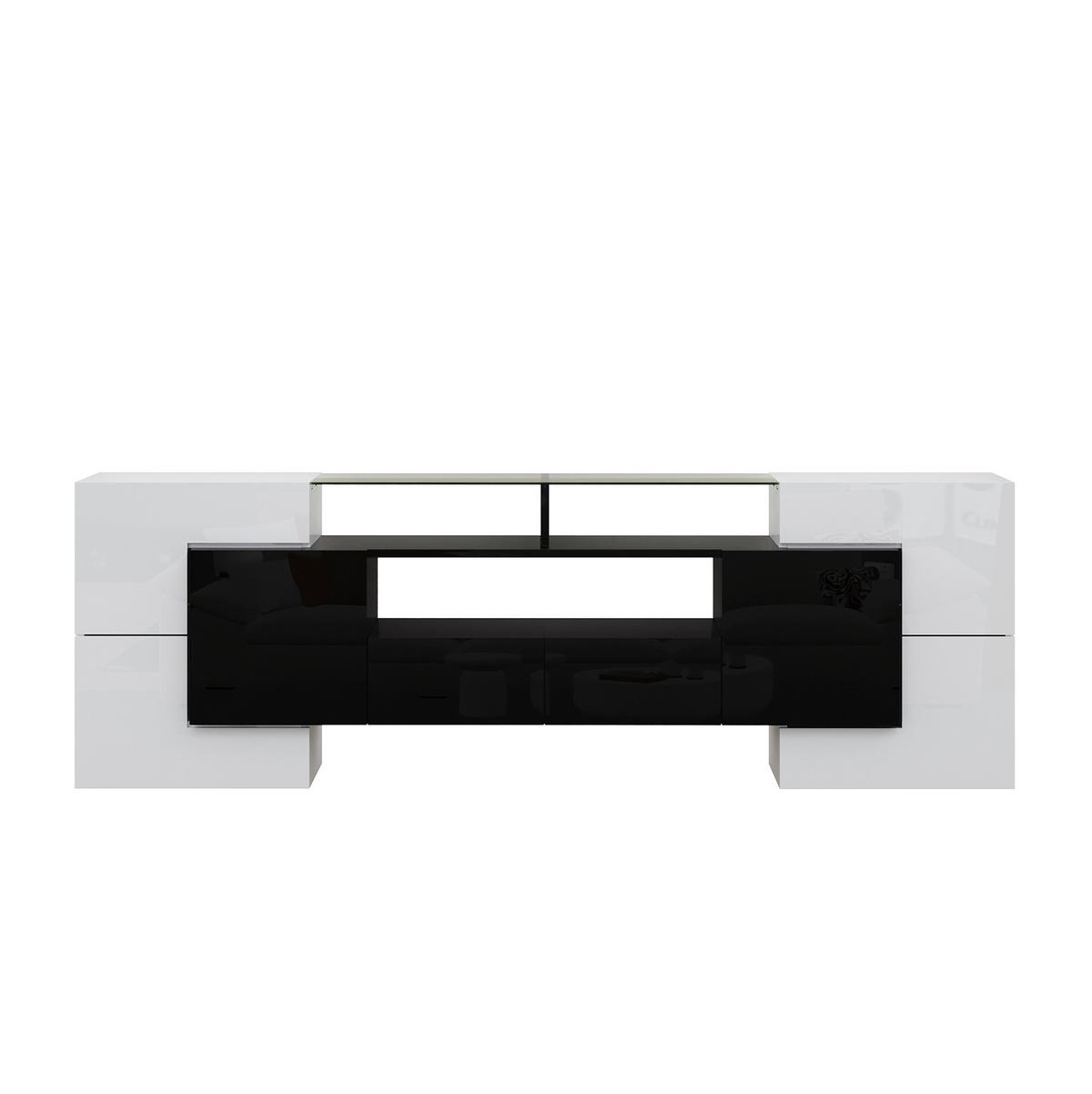 TV-BOARD aus Spanplatte 200x35x60 cm Weiß/Schwarz mit LED-Beleuchtung, viel Stauraum und Glasoptik - Schwarz, Holzwerkstoff (200/60/35cm) - Modfu