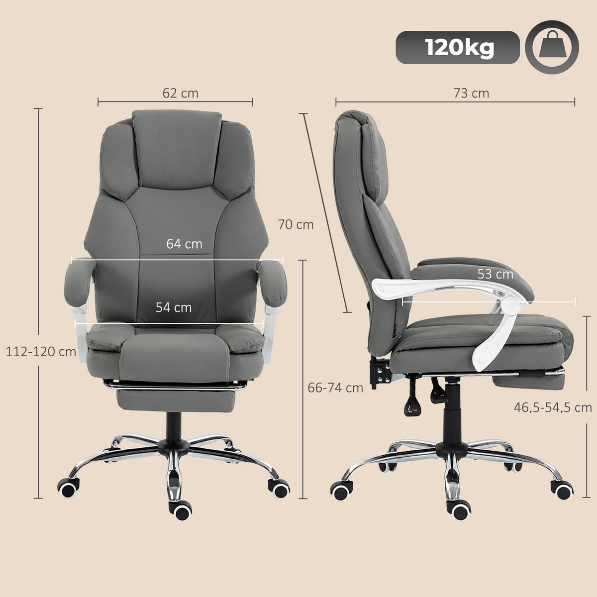BÜROSTUHL Grau 73.0/64.0/120.0 cm - Grau, Leder (64/120/73cm)