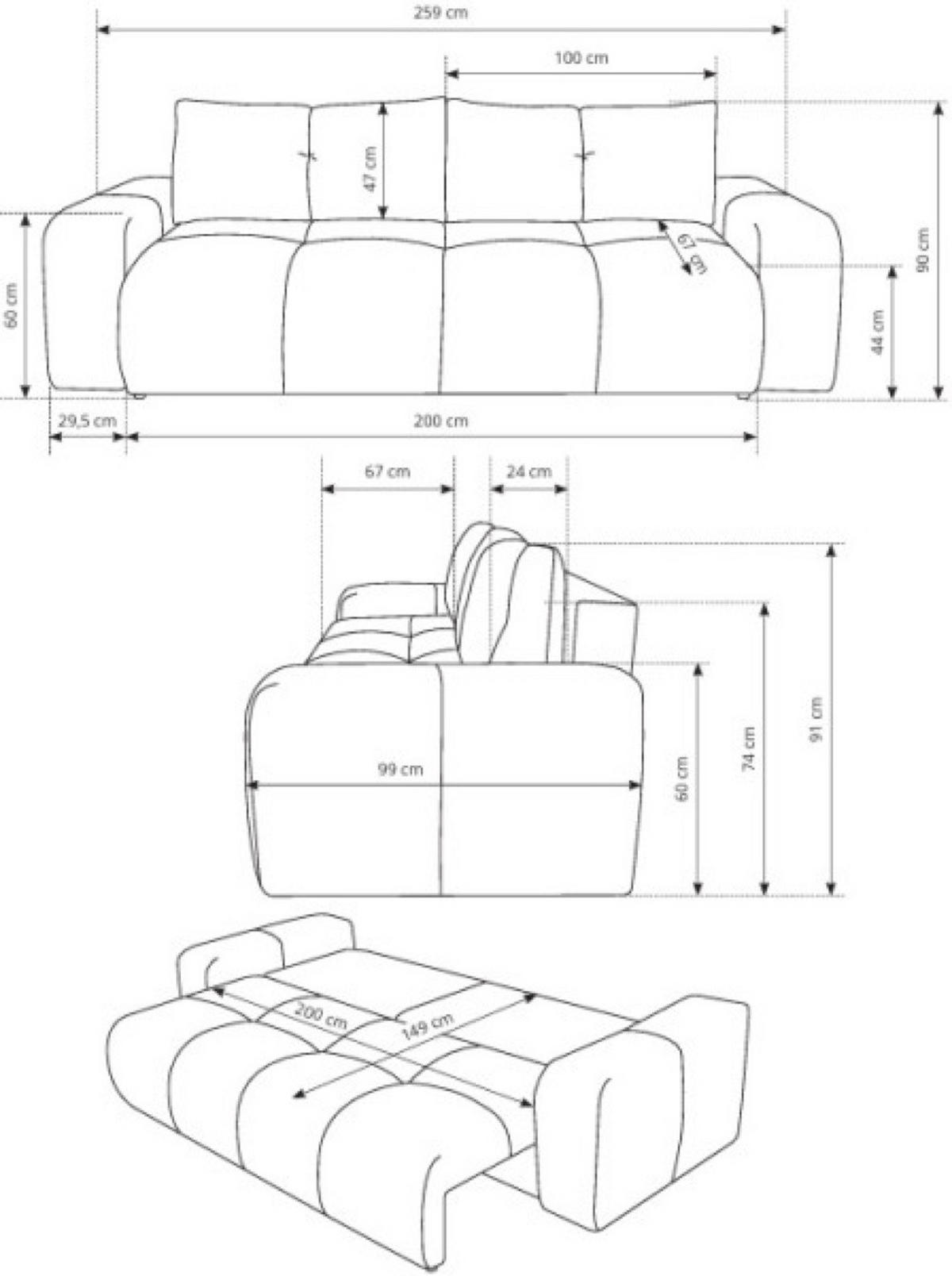 SOFA Creme SOHI Gepolstert Mit Schlaffunktion Und Bettkasten - Weiß, Textil (259/90/99cm) - Sepro Meble