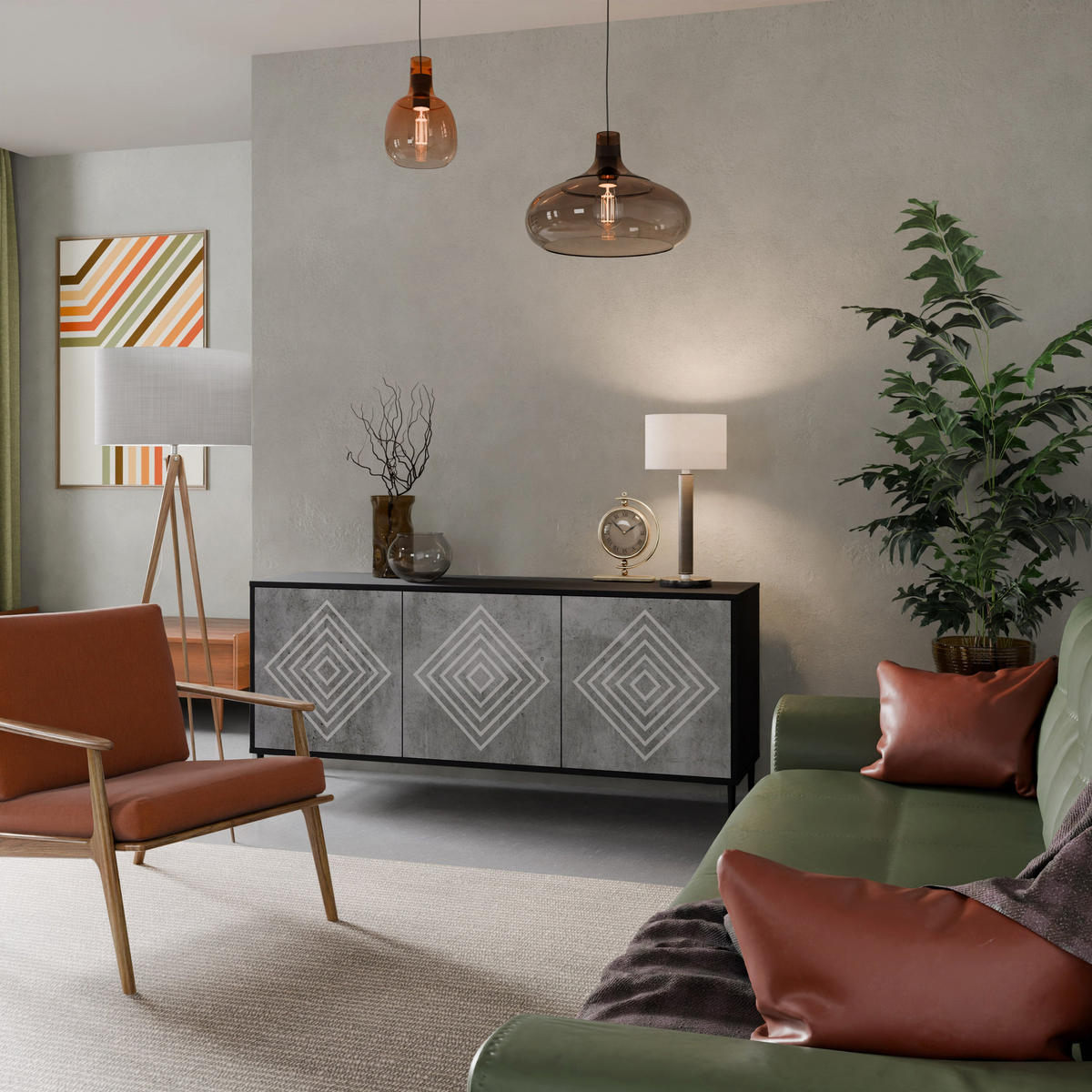 SIDEBOARD POLYGONAL ARTISTRY, Eicheneffekt, 164,5x42x77,5 cm, 3 Türen - Eichefarben/Buchefarben, Holzwerkstoff/Buchenholz (164.5/77.5/42cm) - SpaceRebels