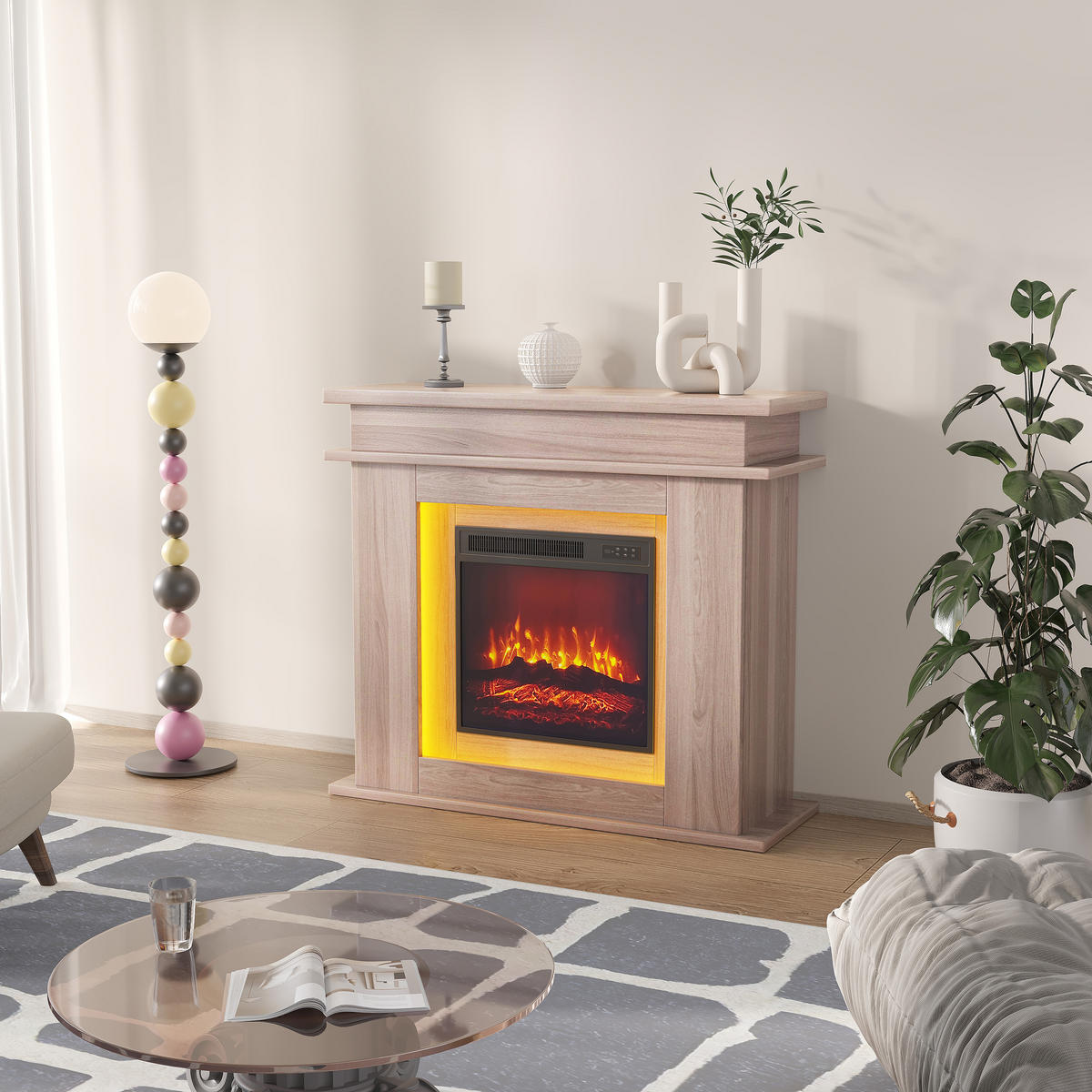 ELEKTROKAMIN, Eiche, mit Möbel, LED multicolor, 3D Flammen, Helligkeit & Farbregelung - Eichefarben, Holz (101/88.8/34.5cm) - EuroLiving