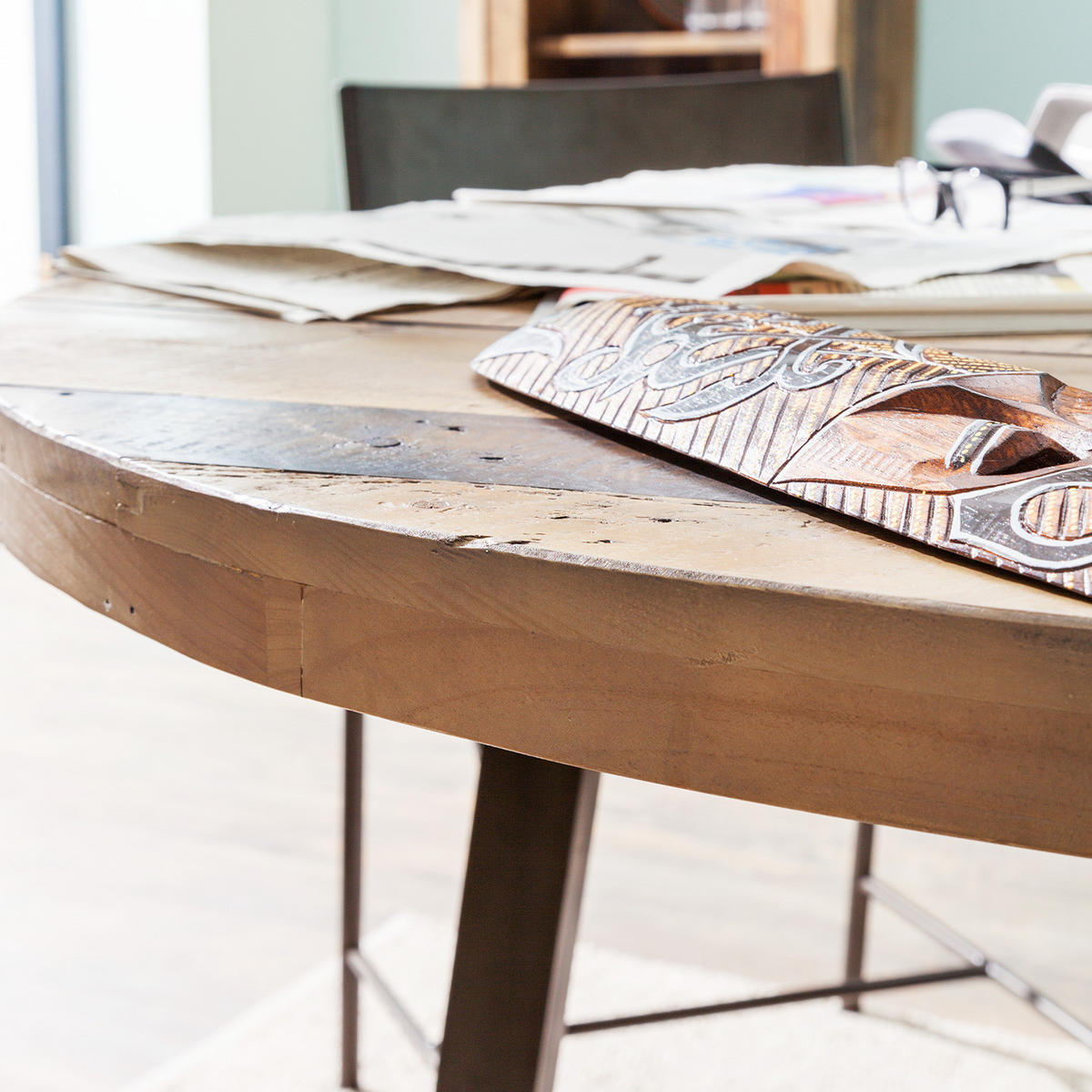 ESSTISCH rund - Pinie massiv / Edelstahl - Braun, Holz (130/130/76cm) - home24