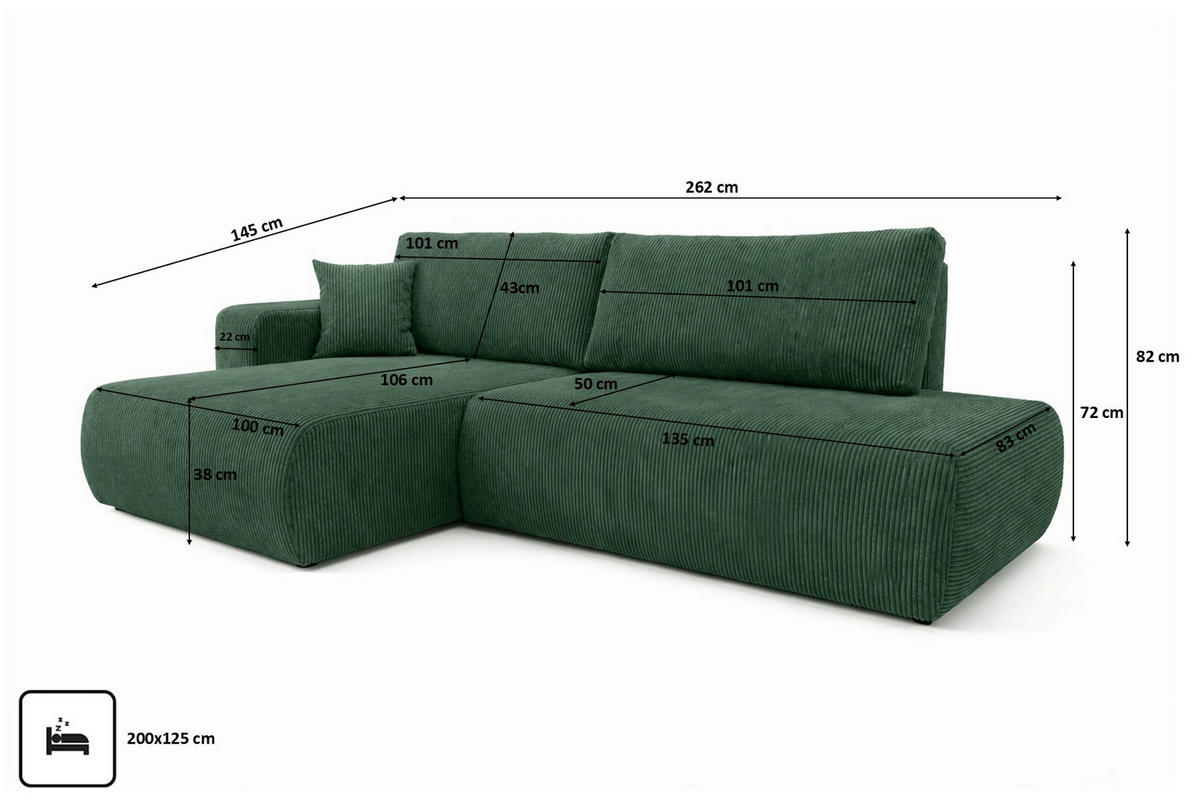 ECKSOFA Mit Schlaffunktion Und Bettkasten, Cordstoff Poso, Grün, Links, OPEN XL - Grün, Holz (262/145cm) - Kaiser Möbel