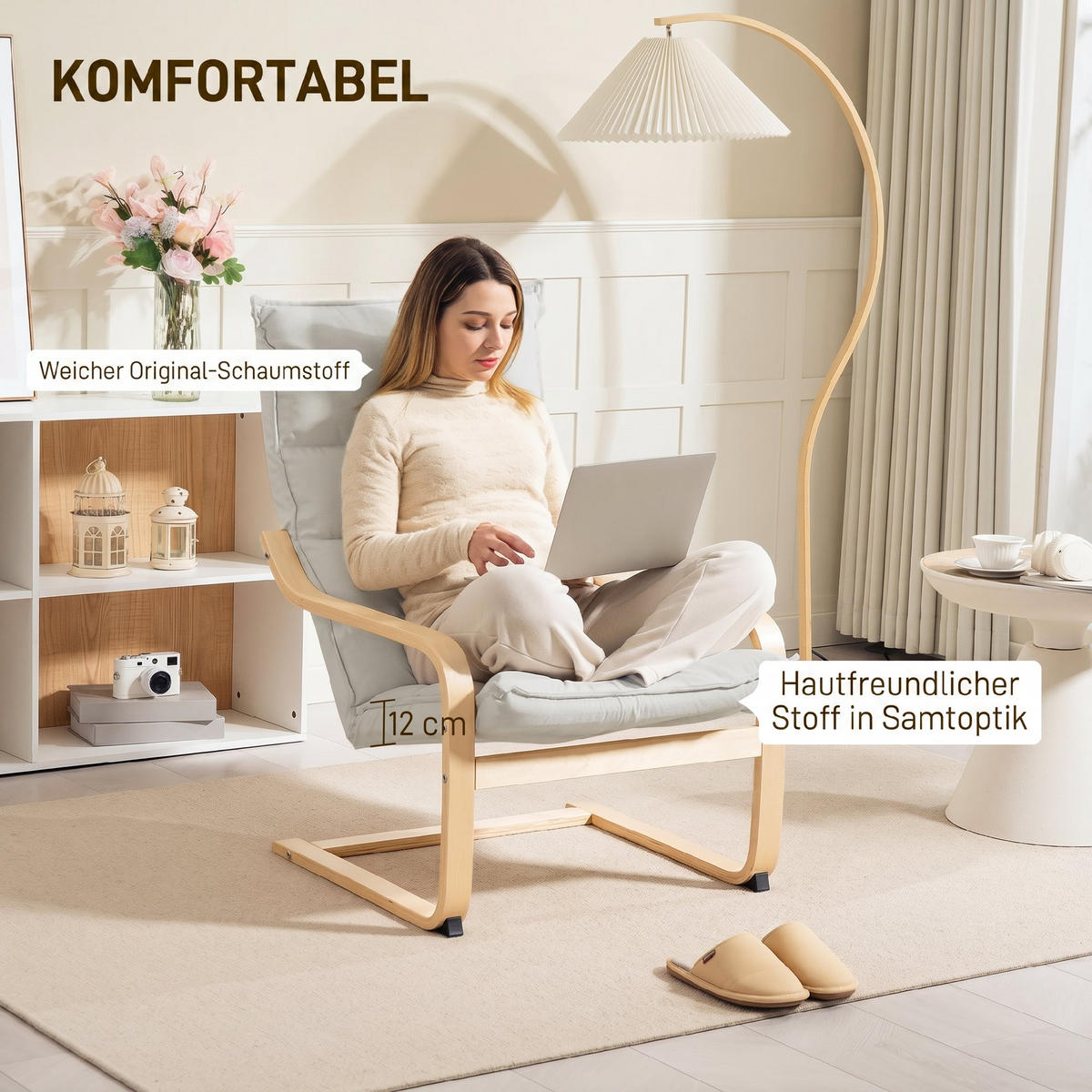 SESSEL Polyester Cremeweiß - Creme, Holz/Birkenholz (67/105/83cm) - HOMCOM