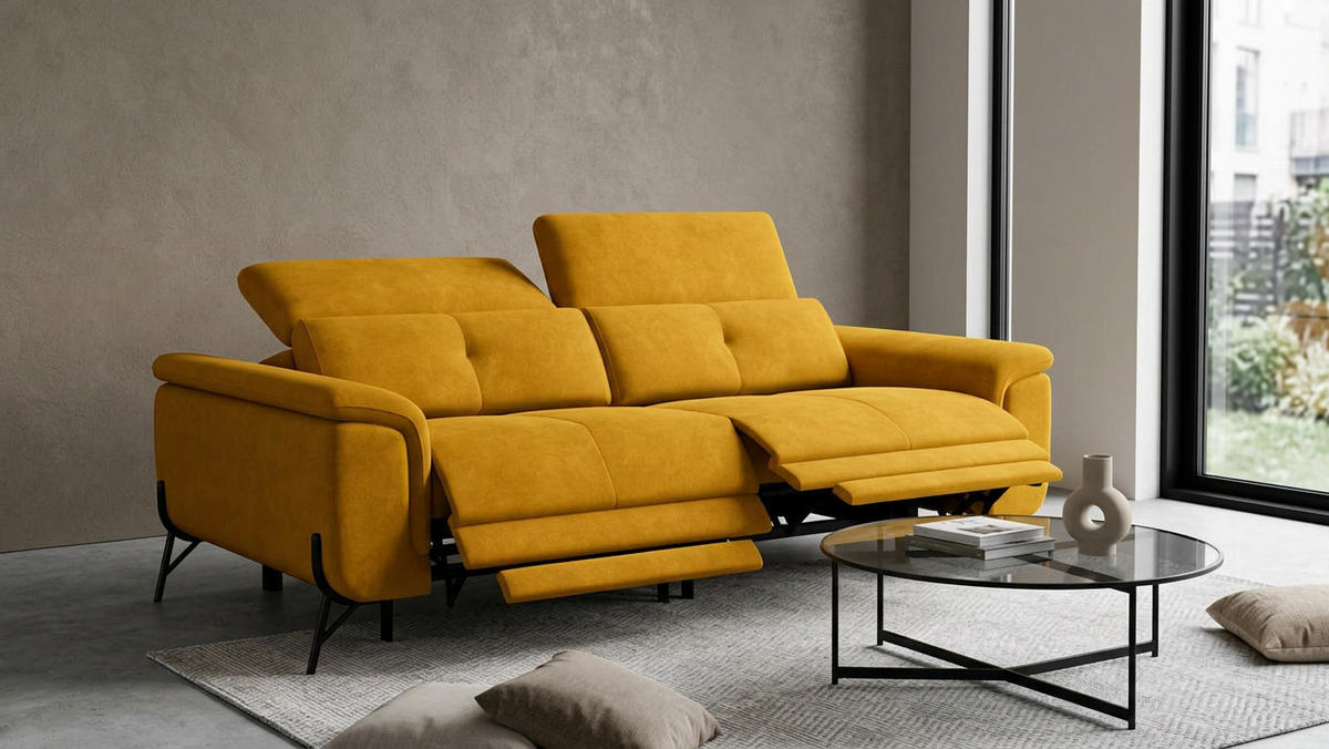 SOFA RELAX AVENA 3-Sitzer, gelber Veloursstoff - Gelb/Schwarz, Holz/Textil (204/80/108cm) - Wozimo