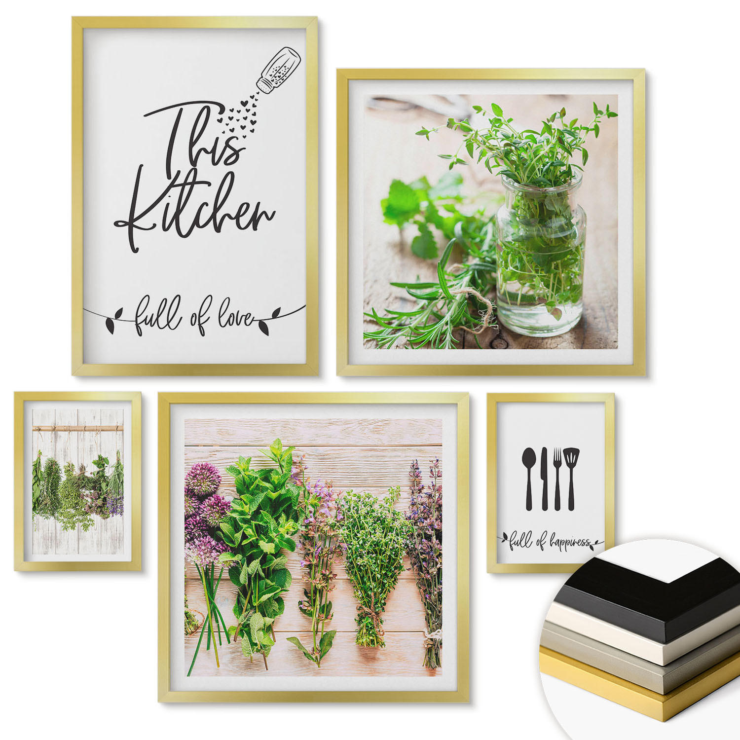 WANDBILDER 5er Set - 50x50 cm & 20x30 cm & 40x60 cm Goldrahmen - Kräuterpflanzen zum Trocknen in der Küche - Goldfarben, Kunststoff (40/60cm) - ArtPrintCave