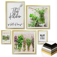 WANDBILDER 5er Set - 50x50 cm & 20x30 cm & 40x60 cm Goldrahmen - Kräuterpflanzen zum Trocknen in der Küche - Goldfarben, Kunststoff (40/60cm) - ArtPrintCave