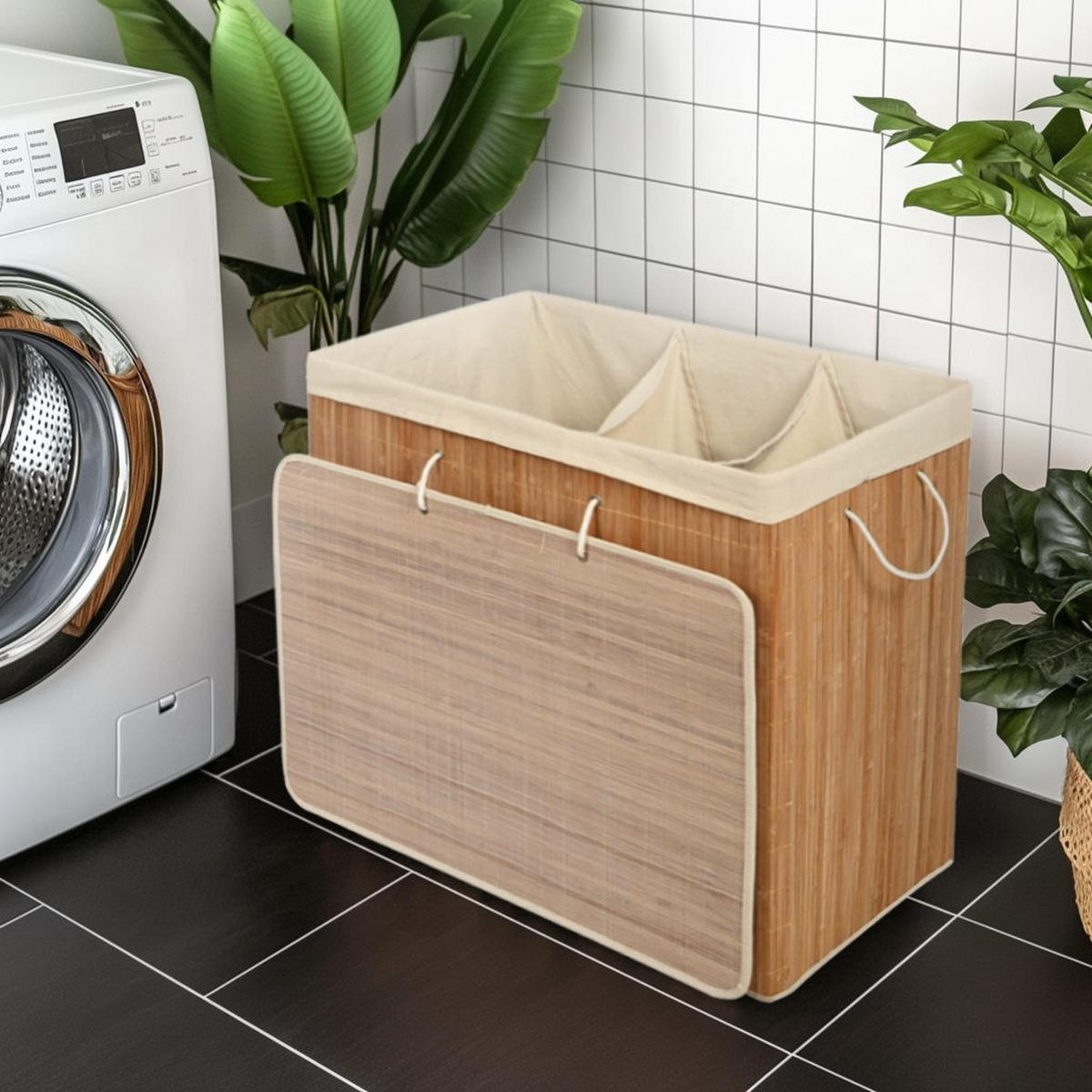 WÄSCHEKORB Bambus Textil Naturfarben Beige 3-Fächer 60x40x61,5 cm - Beige/Naturfarben, Holz/Textil (60/61.5/40cm) - Begryf