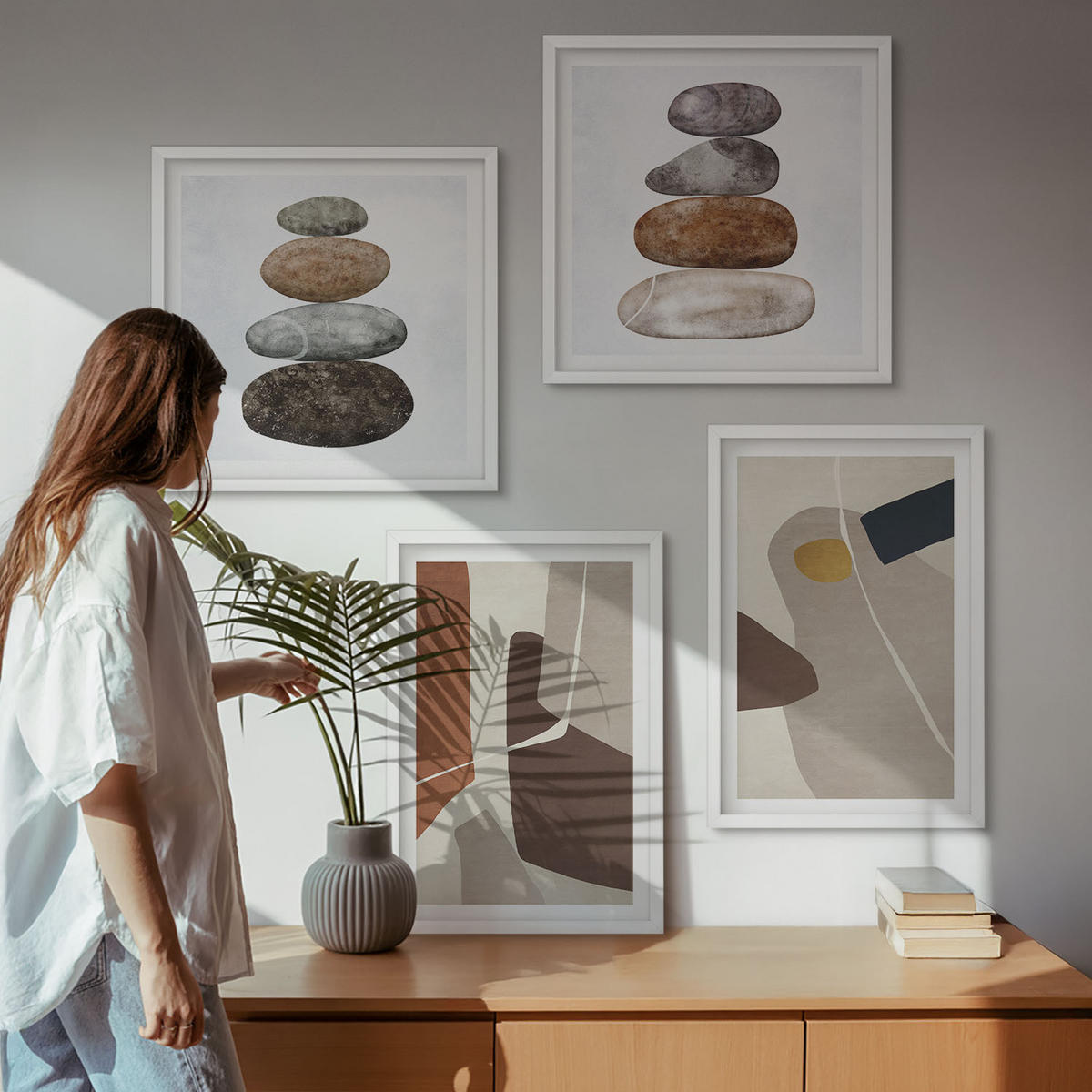 BILDER SET 4er Set - 50x50 cm & 40x60 cm Weißer Rahmen - Abstrakte Boho-Formen - Weiß, Kunststoff (50/50cm) - TULUP