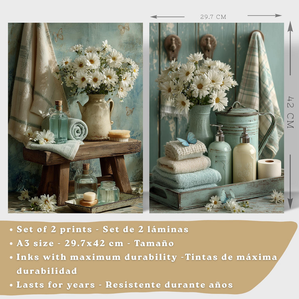 PLAKÁT Sada 2 dekorativních koupelnových tisků, květinové v shabby chic Černý rám A3 - černá, papír (42/29.7/3cm) - Nacnic