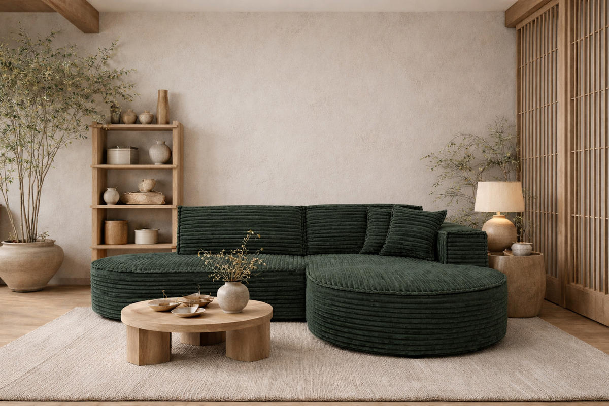 ECKSOFA L-Form, Cordstoff Velo, Grün, Rechts, Modena Studio - Grün, Holz (236/165cm) - Kaiser Möbel