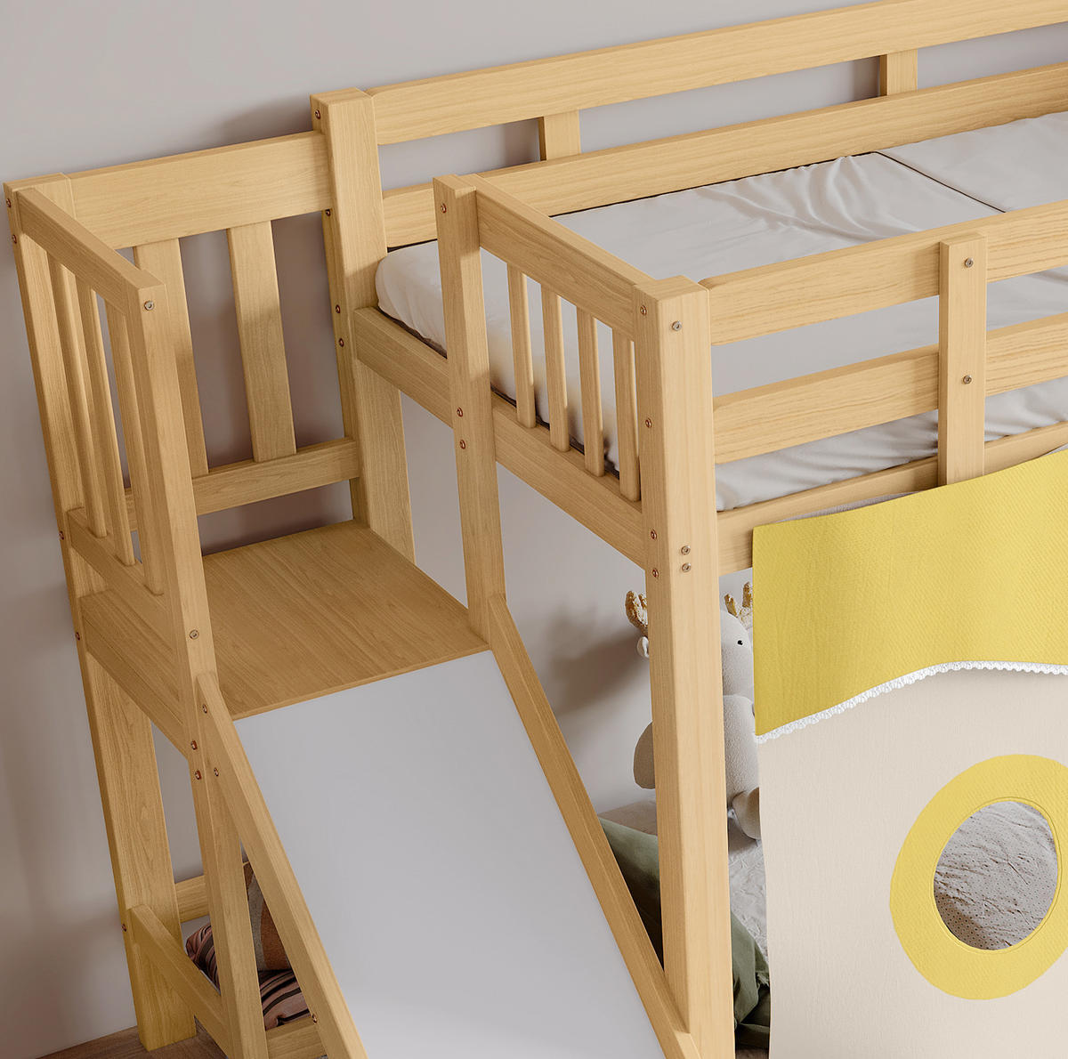 ETAGENBETT 90/200 cm aus Kiefer und MDF mit Treppe, Rutsche und Bettvorhang Natur - Naturfarben, Holzwerkstoff (90/200cm) - Modenvie
