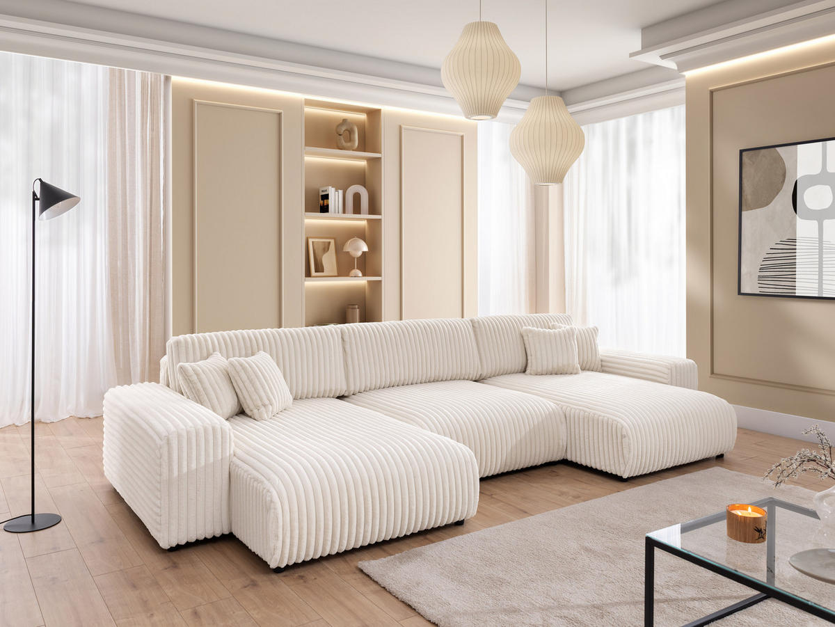 WOHNLANDSCHAFT Mollis Hellbeige Plüschcord mit Schlaffunktion - Beige/Schwarz, Holz/Kunststoff (350/77/168cm) - S-Style Möbel