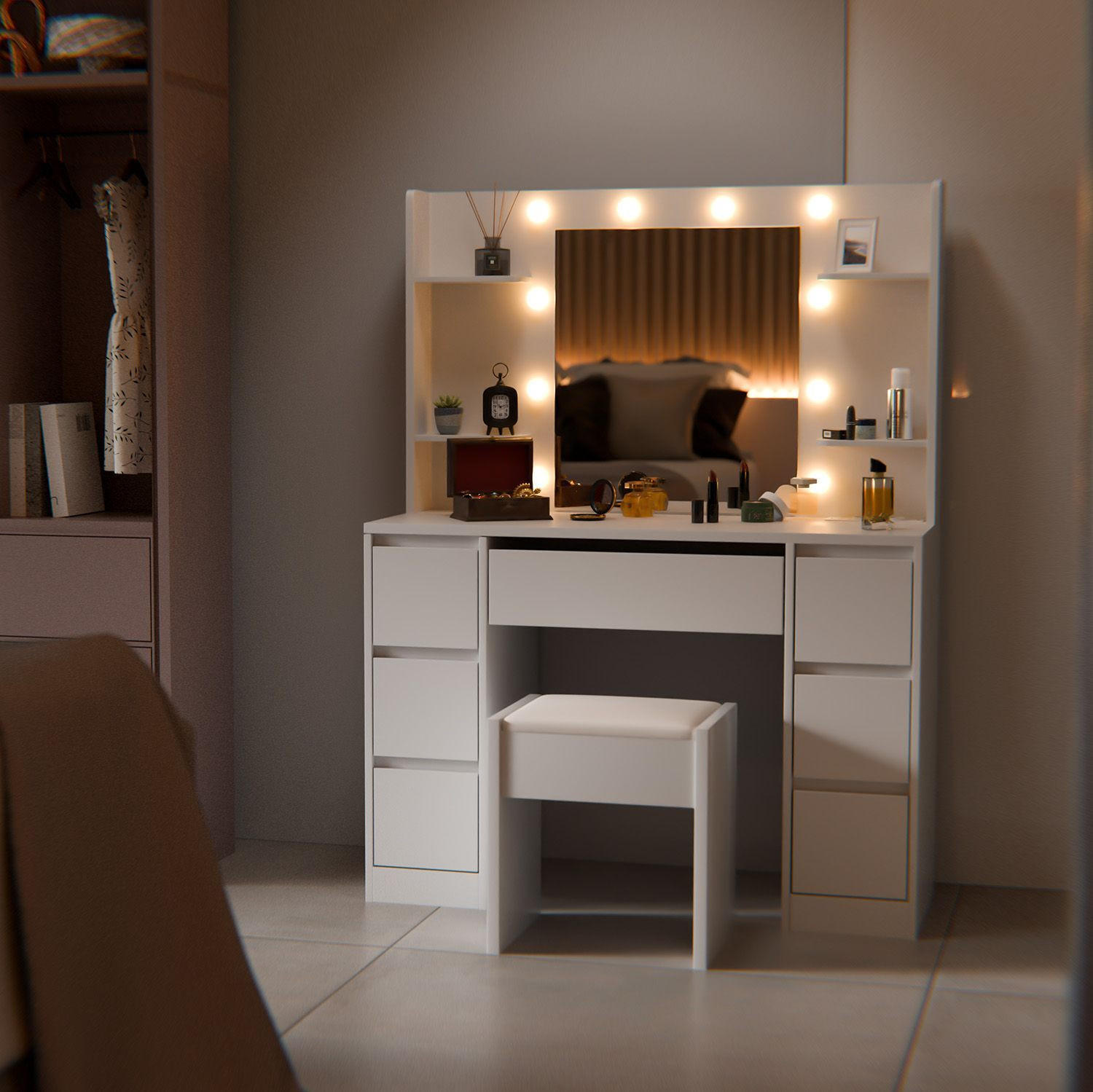 Thumbnail - Juskys Schminktisch, Weiß, Holz, 107x140x40 cm, Schlafzimmer, Schminktische