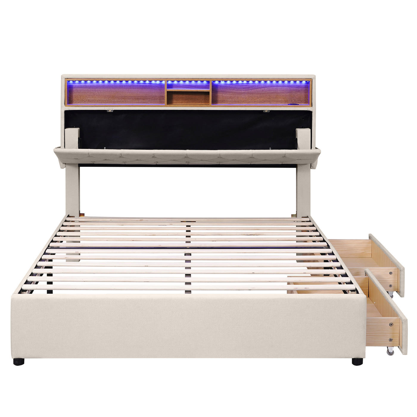 POLSTERBETT 140/200 cm in Beige mit LED-Beleuchtung - Grau, Holz/Textil (140/200cm) - KOMHTOM