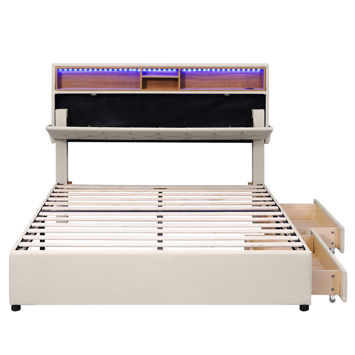 POLSTERBETT 140/200 cm in Beige mit LED-Beleuchtung - Grau, Holz/Textil (140/200cm) - KOMHTOM