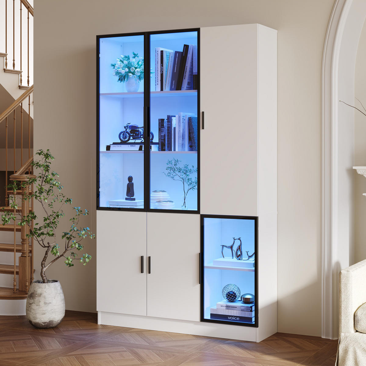 HIGHBOARD mit Glastüren 120/35/200 cm in Weiß mit LED-Beleuchtung - Weiß, Holzwerkstoff (120/200/35cm) - BEAOK