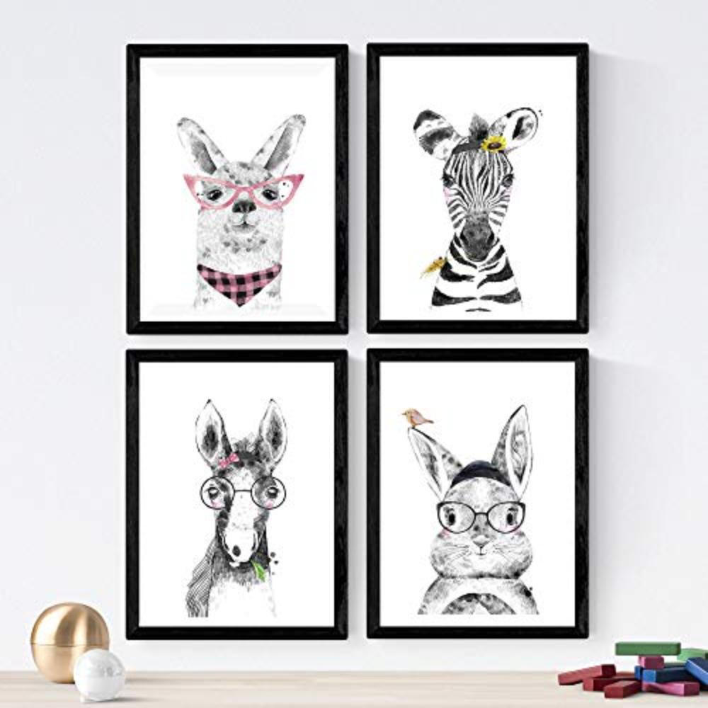 POSTER Set mit 4 Kinder Tiere mit Gläsern A4 Rahmenlos - Klar, Papier (29.7/3cm) - Nacnic