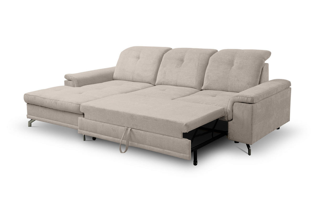 ECKSOFA PANAMA mit Schlaffunktion und Bettkasten, Farbe: Beige, Velourstoff, Ottomane Links - Beige, Textil (270/180cm) - VENASI MÖBEL