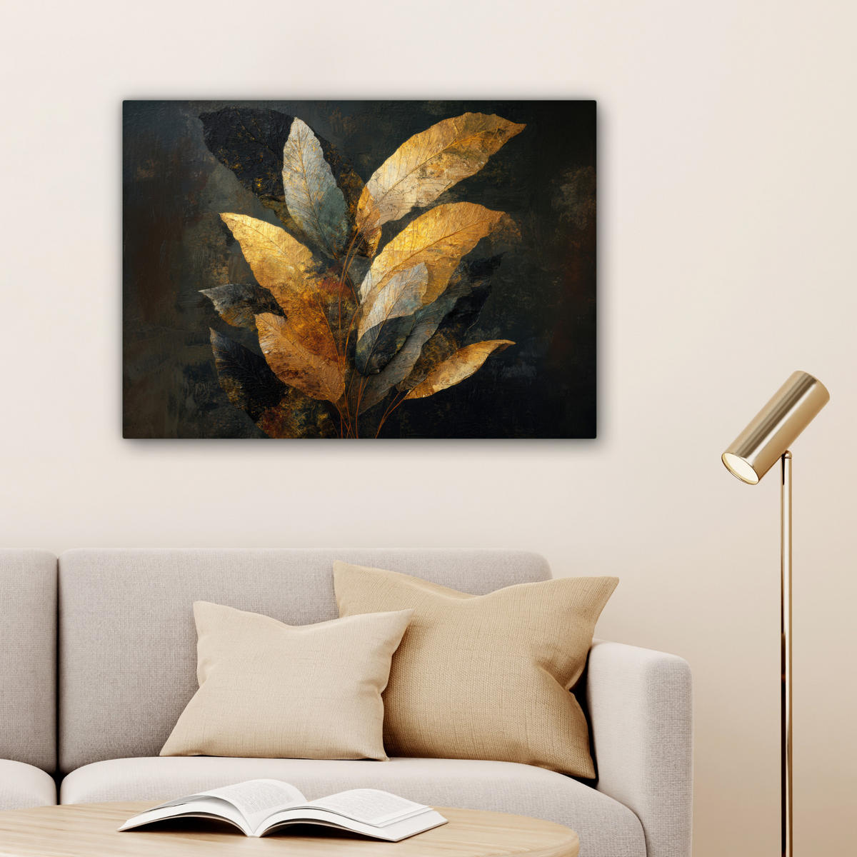 LEINWANDBILD Golden Leaf Komposition - Botanical Luxury Wandbilder 80x60 cm - Goldfarben/Schwarz, Textil (80/60cm) - MuchoWow