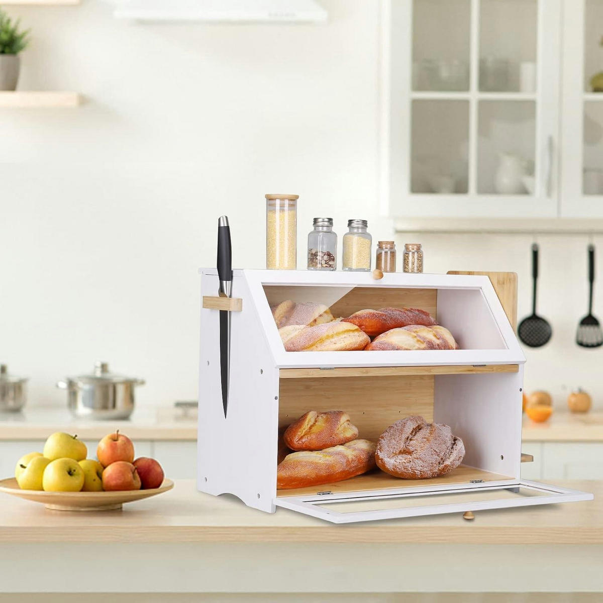 BROTKASTEN 2 Etagen Bambus Weiß 50 x 25 x 37 cm - Weiß, Naturmaterialien (24.9/36.8/50cm)