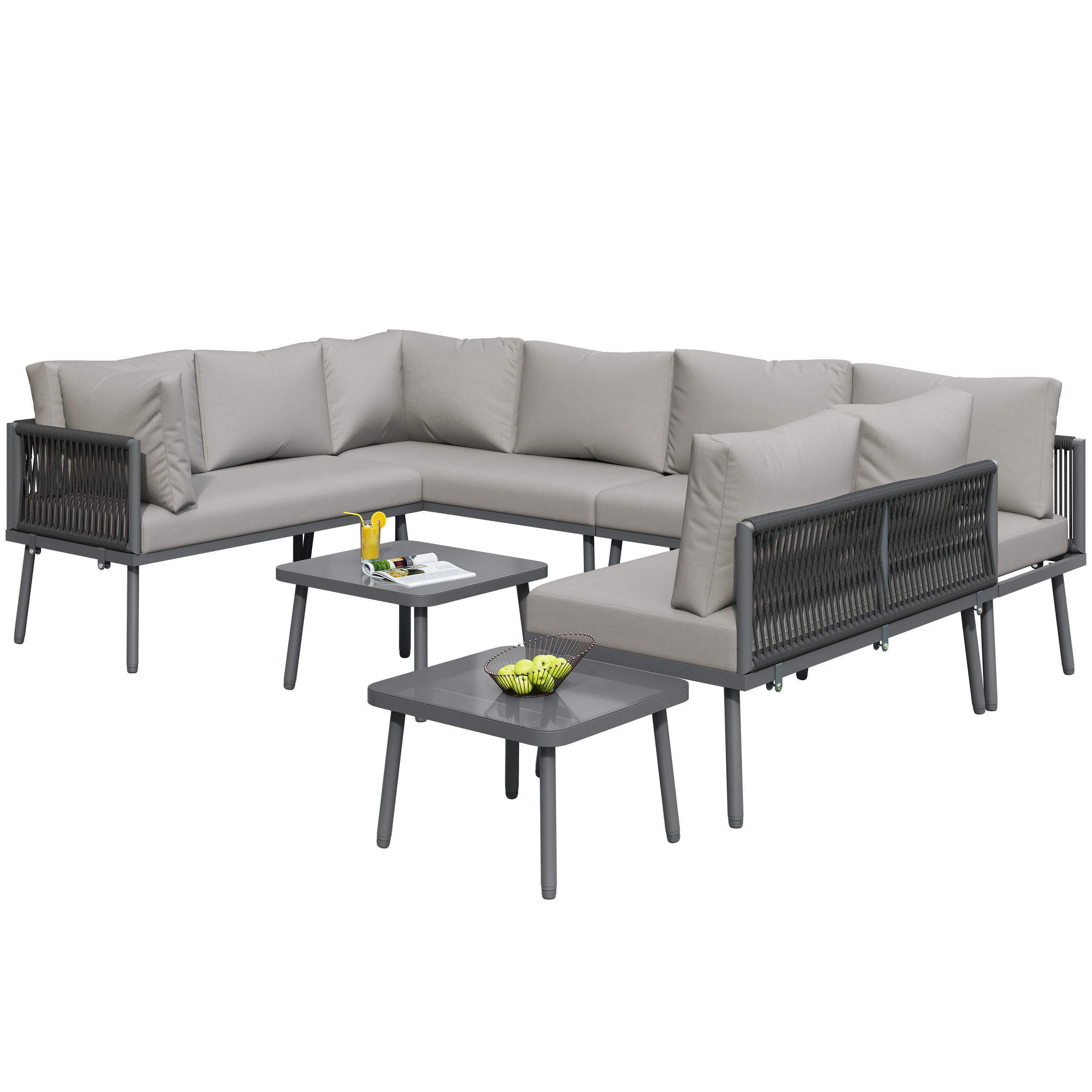 GARTEN-LOUNGE-SET U-förmig Schwarz 8-Pers. 6-tlg. - Grau, Metall - ComfortXL