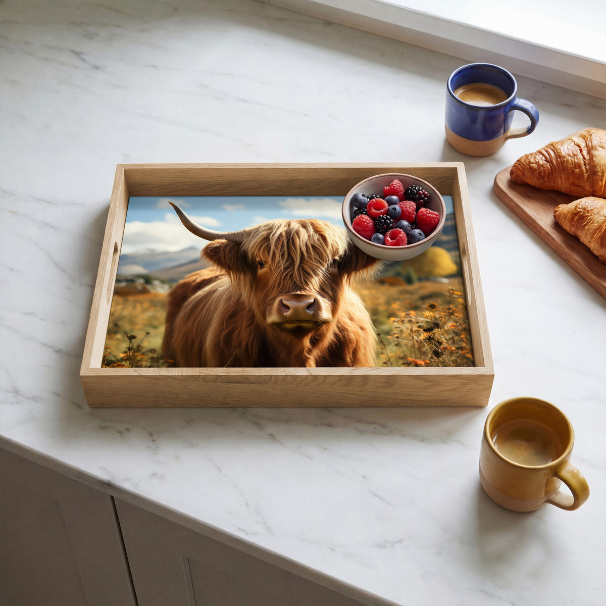 SERVÍROVACÍ PODNOS Skotský horal - Květiny - Rohy - Mraky 40x30 cm - hnědá, dřevo (40/5/5cm) - OnlyWow