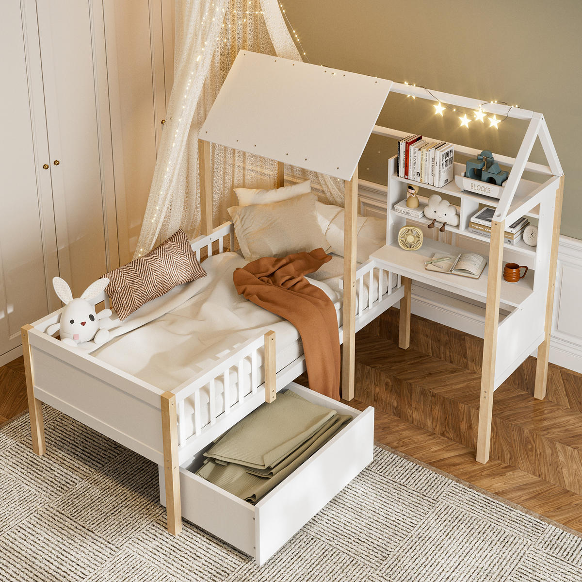 KINDERBETT 90/200 cm Weiß aus Massivholz und MDF mit Schreibtisch und Regal - Weiß, Holz (90/200cm) - OKMYHOME