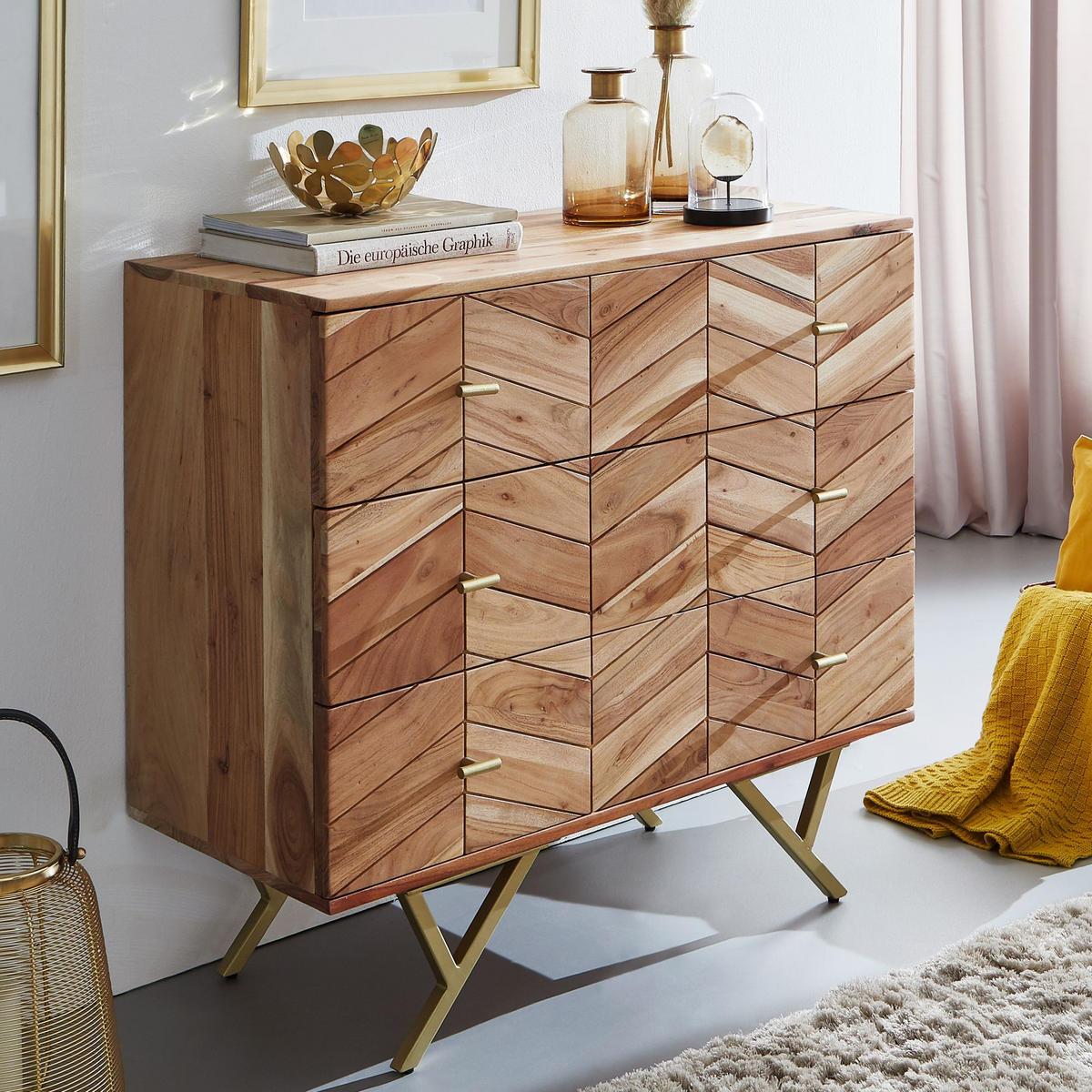 SIDEBOARD – Akazie Massivholz, rustikal, mit Muster, Landhausstil - Beige/Goldfarben, Holz/Metall (90/86/40cm) - KADIMA DESIGN