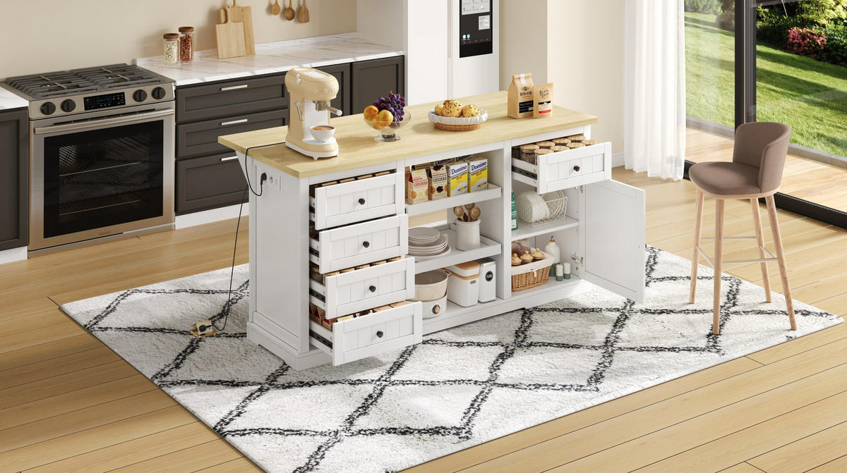 SIDEBOARD mit 5 Schubladen, 2 Ausziehböden und klappbarer Erweiterungsplatte, integrierte Steckdosen, 150/65/75 cm, Weiß und Natur - Weiß, Holzwerkstoff (150/75/65cm) - Redom