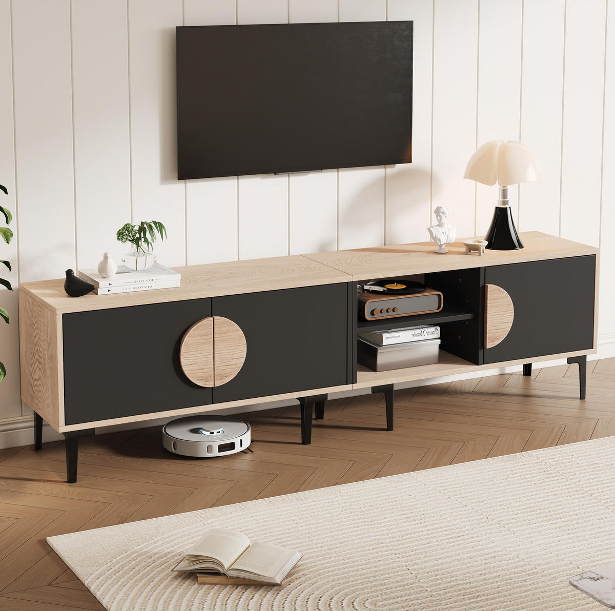 TV-ELEMENT mit 3 Türen und offenen Fächern 180 x 35 cm Holzoptik Schwarz - Schwarz, Holzwerkstoff (35/49/180cm) - Beauniv