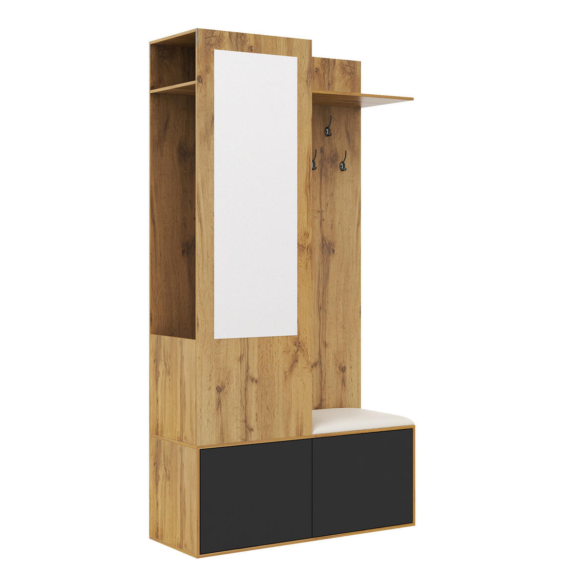 GARDEROBEN-SET 100 cm Schwarz & Natur – Kompaktgarderobe mit Spiegel, Schuhbank & versteckter Kleiderstange - Naturfarben, Holzwerkstoff (100/191/38cm) - Urban Meuble