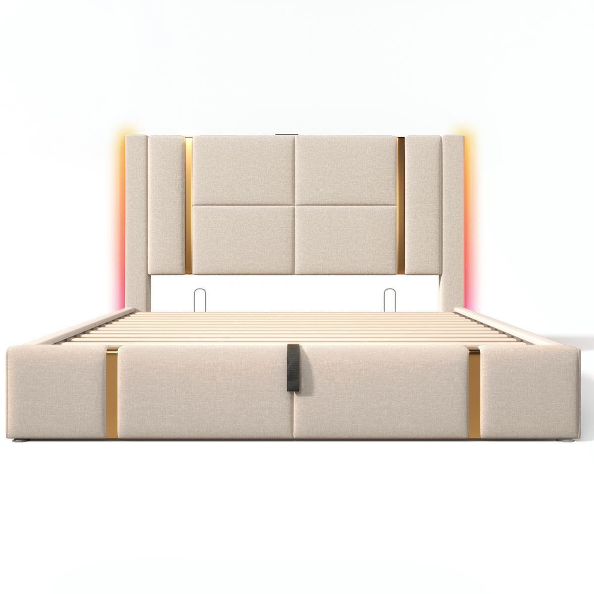 POLSTERBETT 160/200 cm Beige aus Leinen mit Stauraum und LED - Beige, Textil (160/200cm) - OKMYHOME