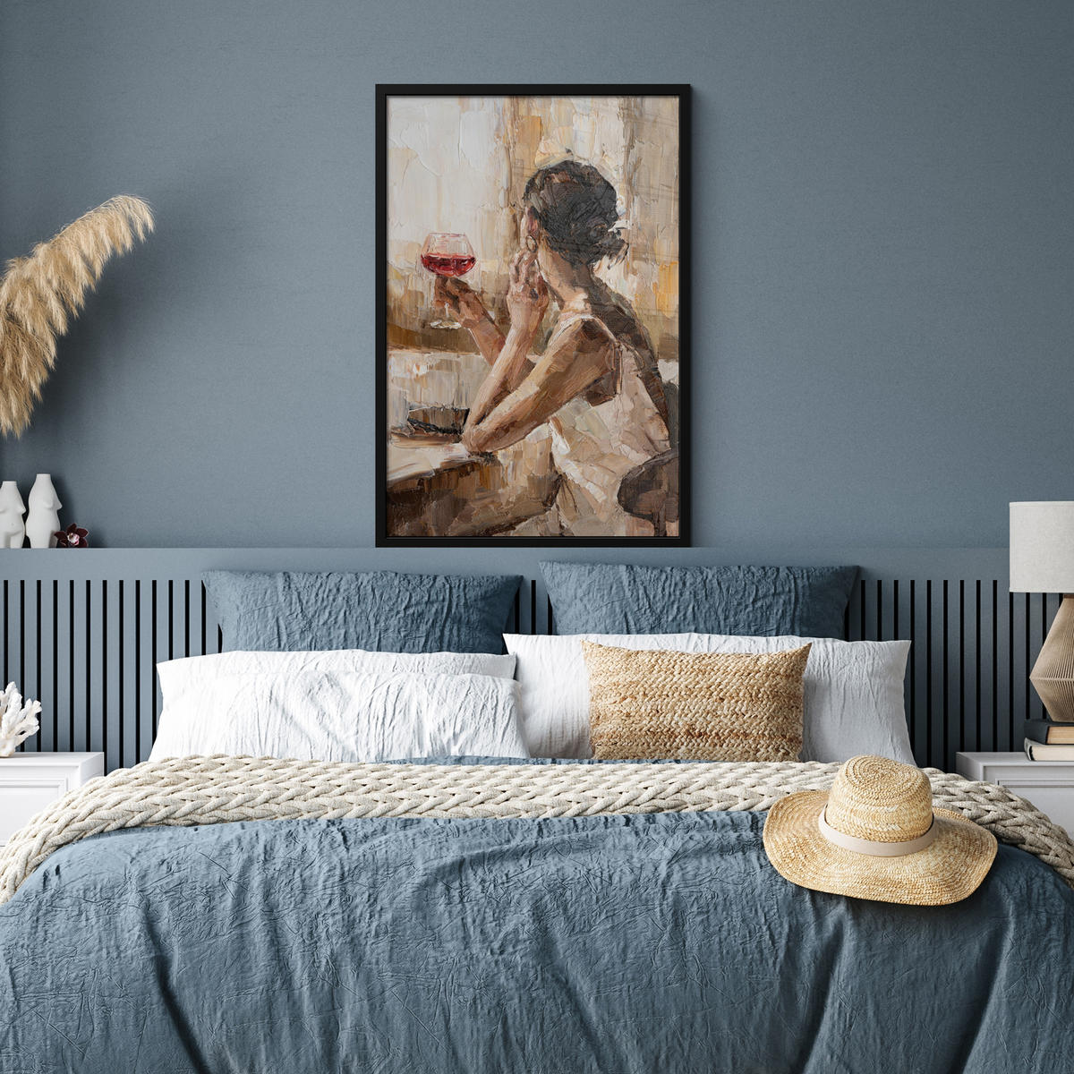 ZARÁMOVANÝ PLAGÁT Olejomaľba - Žena - Víno 60x90 cm - svetlohnedá, papier (60/90cm) - MuchoWow